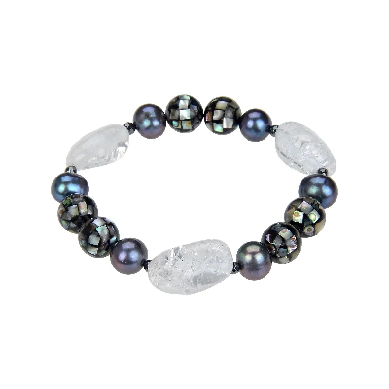 women classic bangle bracelets -Hematite, Abalone Shell, Pearl and White Crystal Stretchable Bracelet