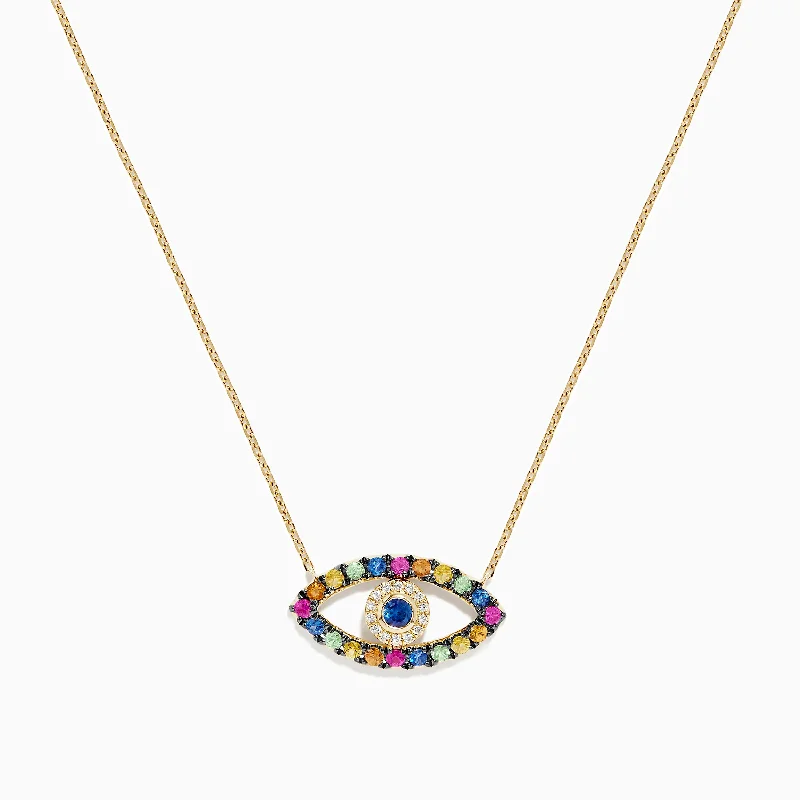 women butterfly pendant necklaces -Novelty 14K Yellow Gold Multi Sapphire and Diamond Evil Eye Necklace