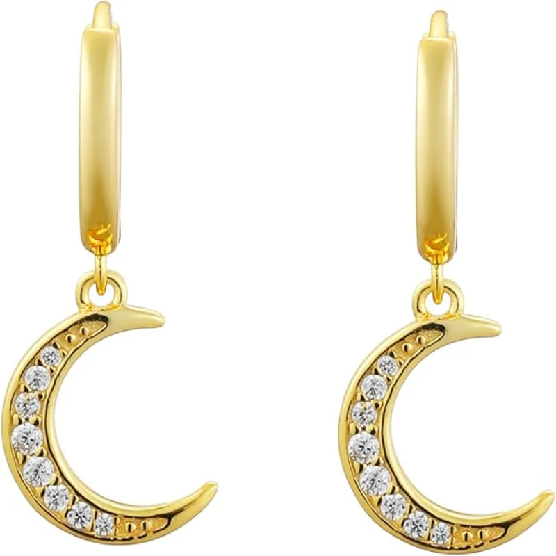 women gemstone hoop earrings -Crescent Moon Crystal Dangle Hoop Earrings