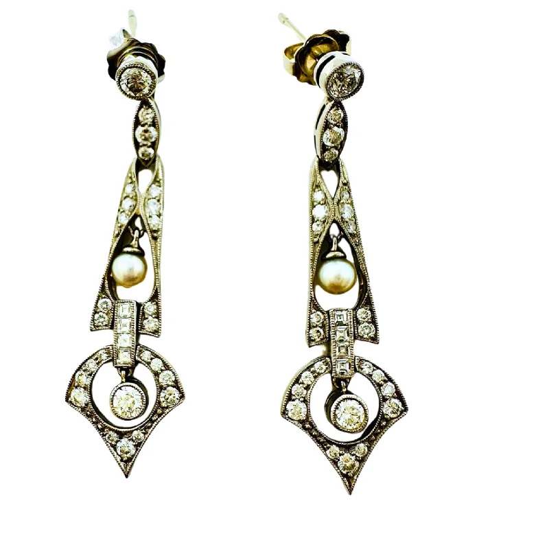 women gold-plated earrings -14-18K White Gold Diamond Dangle Earrings with 2 Cultured Pearls