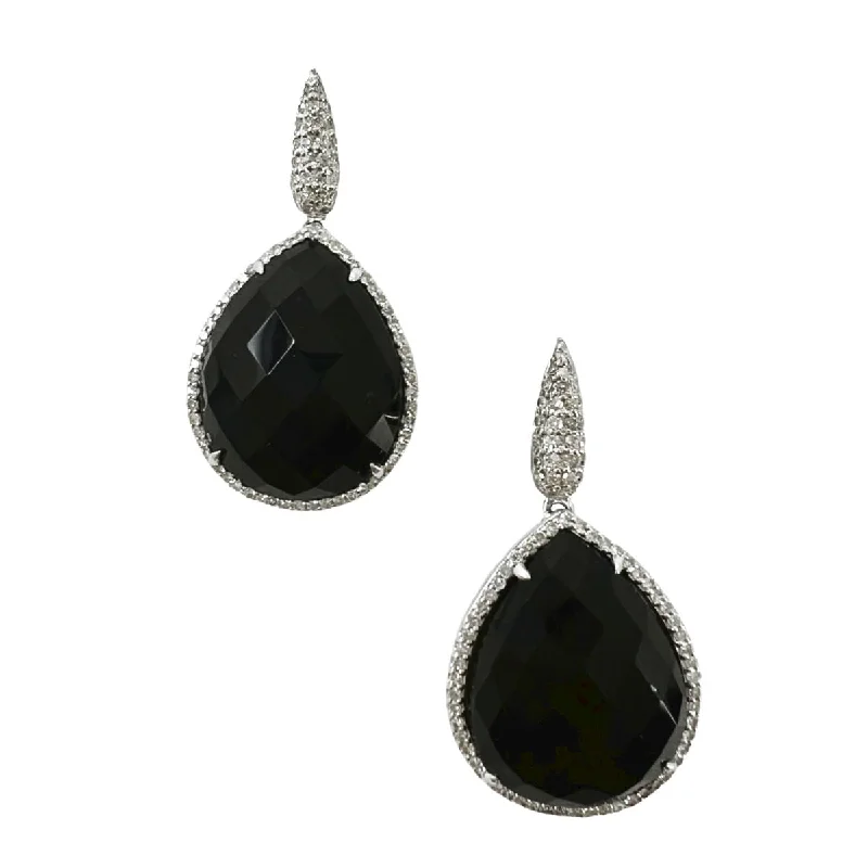 women artistic earrings -14K White Gold Drop Earrings with Teardrop Shaped Onyx and Diamonds