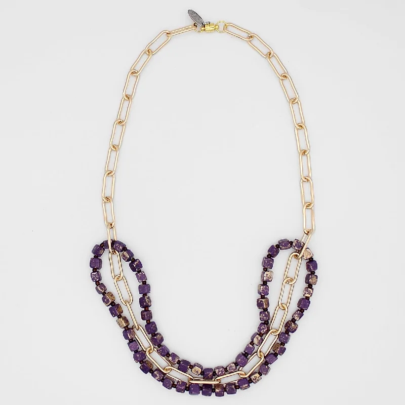 women gold choker necklaces -Purple Esther Wood and Chain Link Necklace