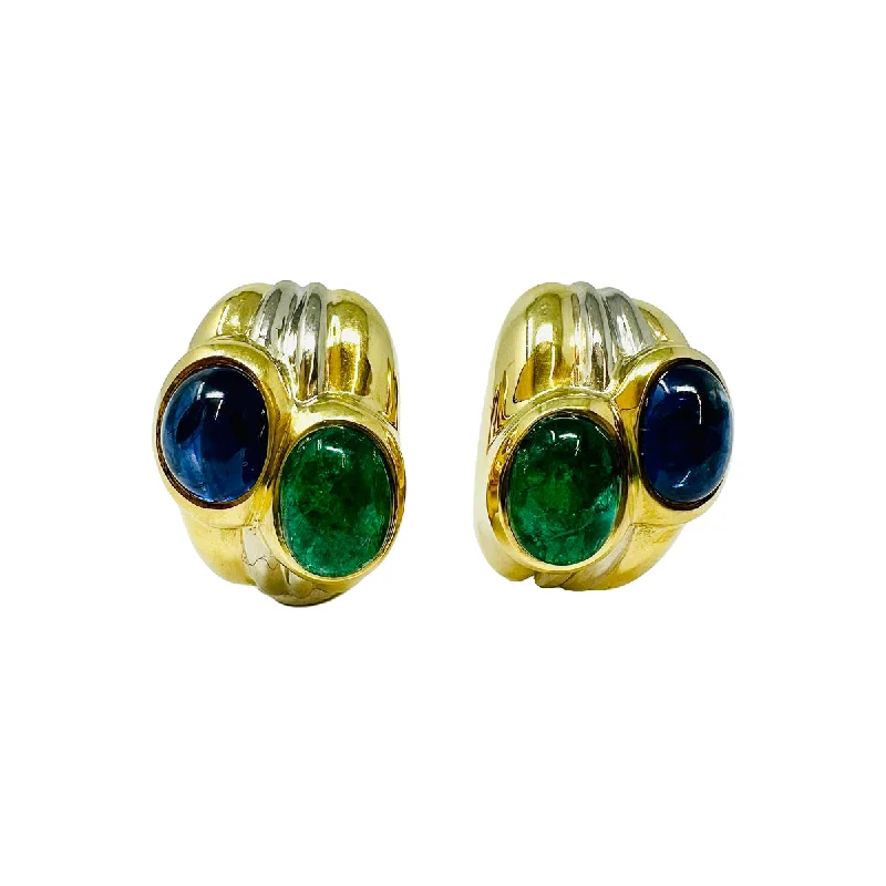 women diamond hoop earrings -Giovane 18K Yellow and White Gold Ribbed Earrings with Emerald and Sapphire