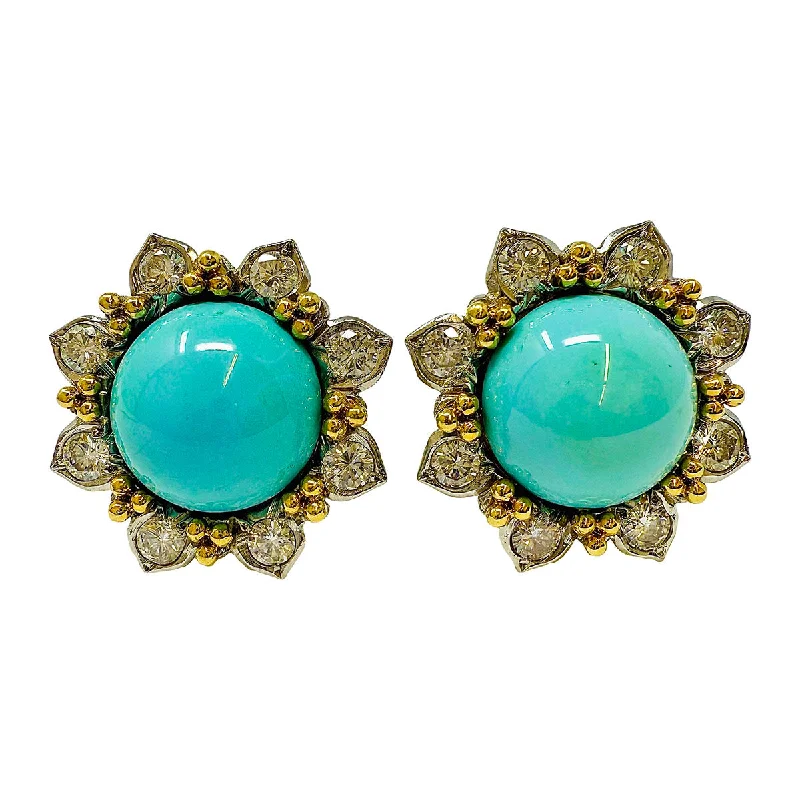 Hoop earrings for women -18K Gold Round Clip-on Earrings with Turquoise and Diamonds