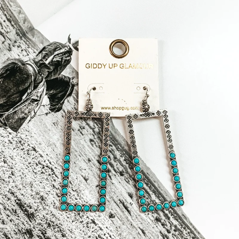 women chic earrings -Silver Tone Open Rectangle Earrings with Faux Turquoise Stones and Engraving