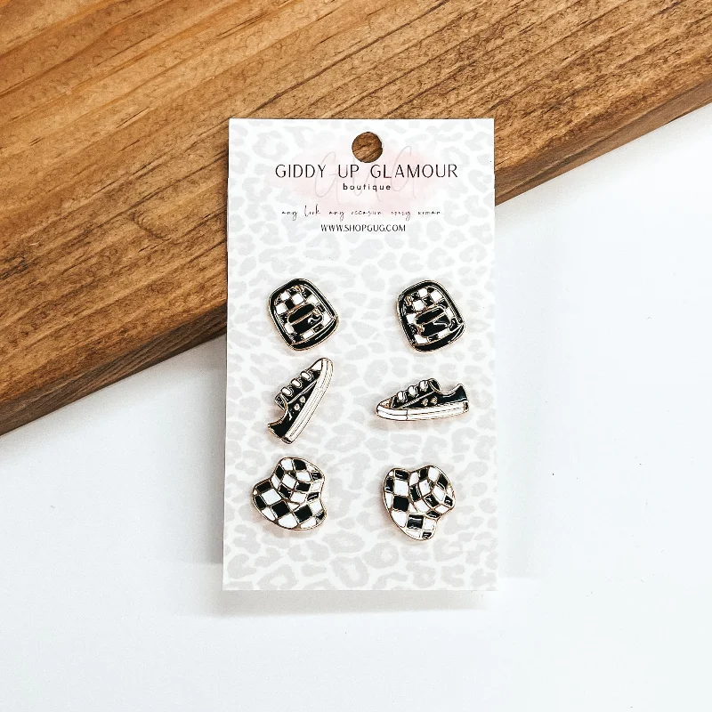 women boho earrings -Black and White Checkered Pattern Stud Earring Set in Gold