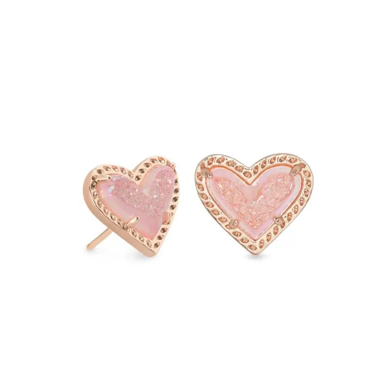 women artistic earrings -Kendra Scott | Ari Heart Rose Gold Stud Earrings in Light Pink Drusy