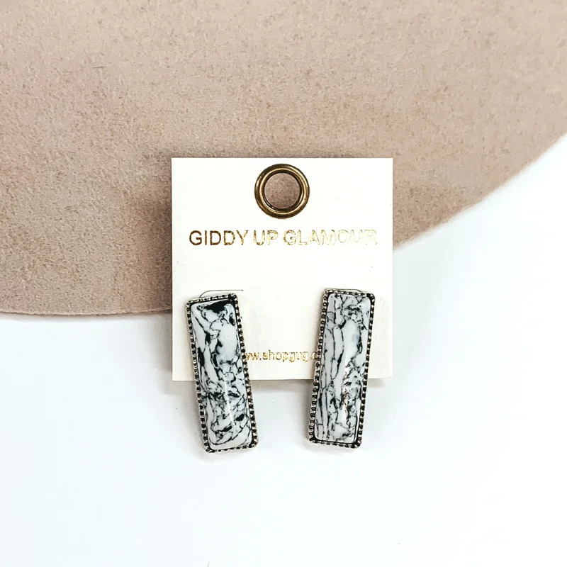 Affordable earrings for women -Medium Rectangle Faux Stone Silver Tone Earrings in White