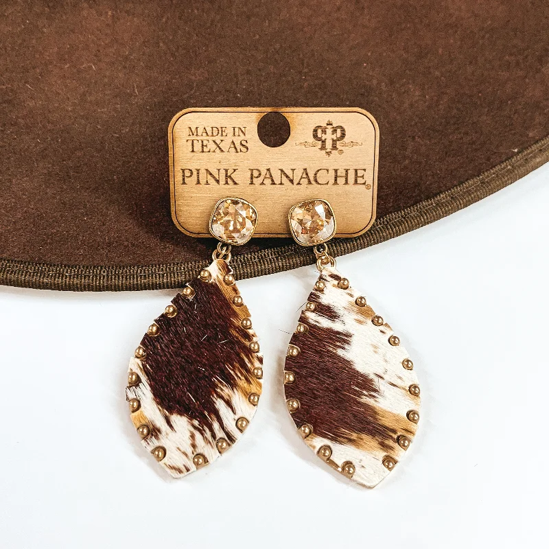 women classic stud earrings -Pink Panache | Golden Shadow Cushion Cut Post Earrings with Brindle Print Teardrop Print