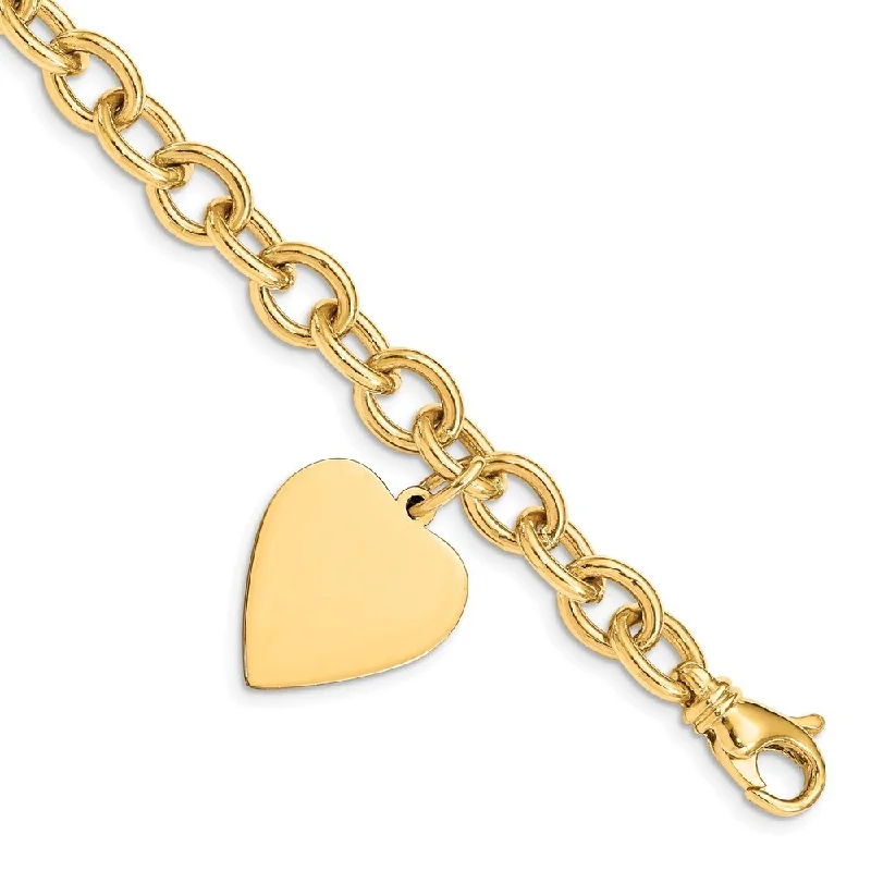 women pearl and diamond bangles and bracelets -14k Yellow Gold 19mm Link w/Heart Charm Bracelet, 7.5"