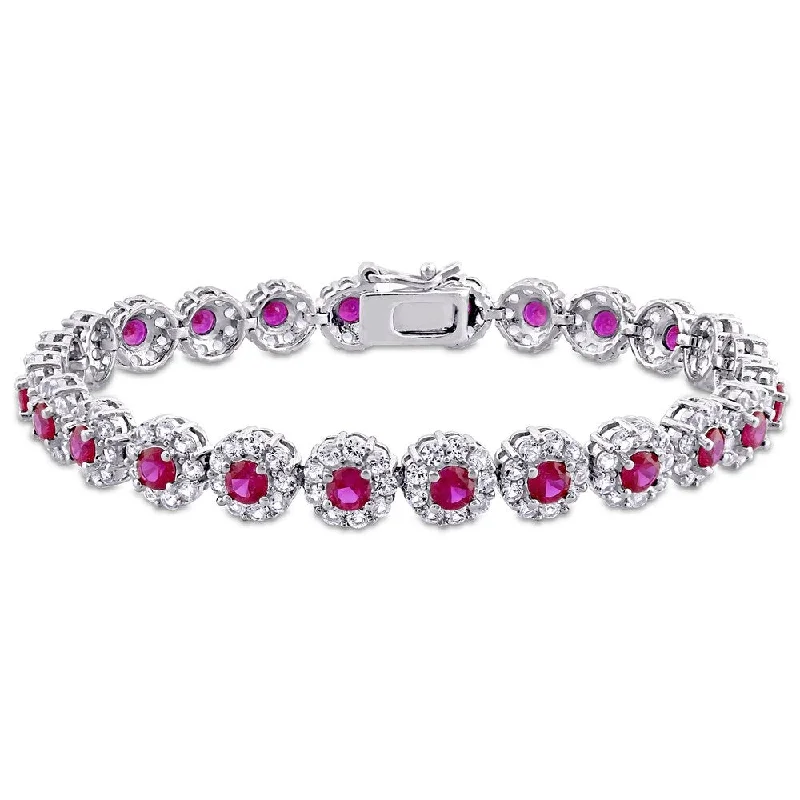 women classic bangles and bracelets -Miadora Sterling Silver Red Cubic Zirconia and Created White Sapphire Floral Halo Tennis Bracelet