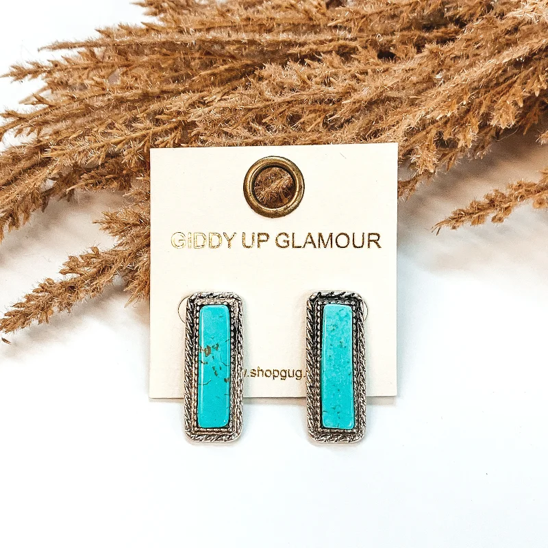 women vintage-style earrings -Post Back Stud Earrings with Rectangle Stone in Turquoise