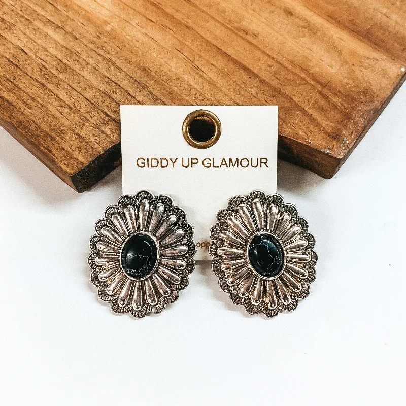 women unique earrings -Silver Tone Concho Earrings with Faux Center Stone in Black