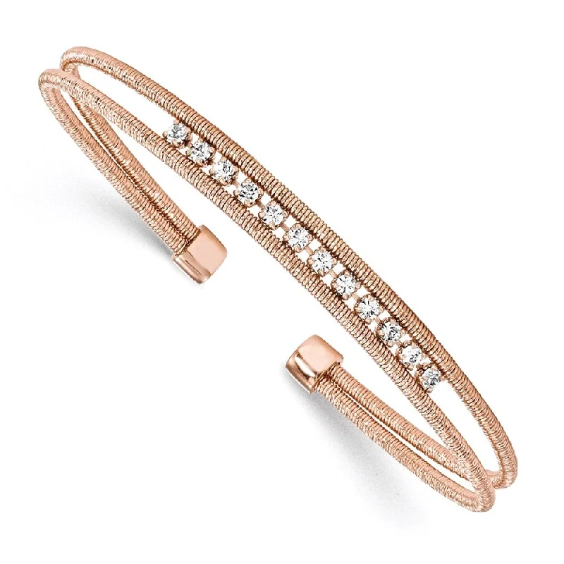 women twisted bangles and bracelets -925 Sterling Silver Rhodium-plated Rose Gold-plated 5.75mm Cubic Zirconia Woven Cuff Bracelet, 6.5"