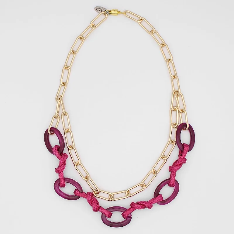 women star-shaped necklaces -Fuchsia Rope and Gold Chain Statement Necklace