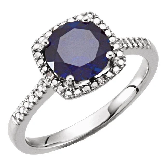 women beaded engagement rings -STERLING SILVER 1.85 CT LAB CREATED BLUE SAPPHIRE & .01 CTW DIAMOND HALO RING