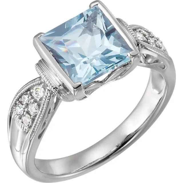 women handcrafted engagement rings -14KT WHITE GOLD 2.00 CT AQUAMARINE & 0.13 CTW DIAMOND MILGRAIN RING