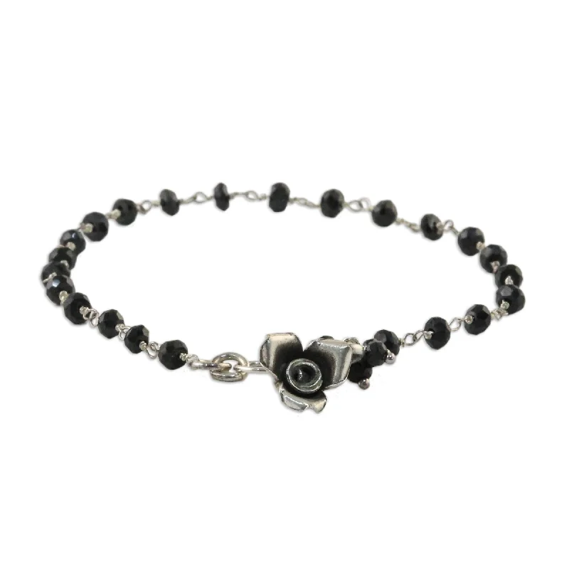 women fashion bangles and bracelets -Novica Handmade Rose Horizon Black Spinel Floral Bracelet