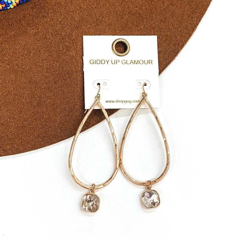 women gemstone earrings -Large Hammered Teardrop Earrings with Clear Hanging Crystal in Gold