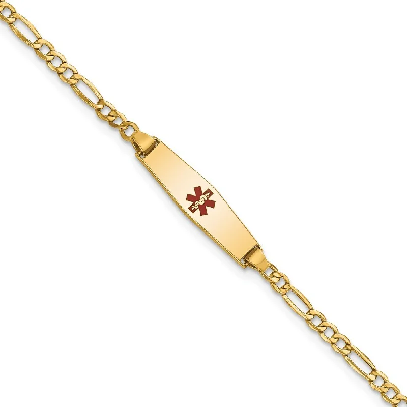 women sleek gold bangles and bracelets -14k Yellow Gold 5.5mm Medical Semi-Solid Soft Diamond Shape Red Enamel Figaro ID Bracelet, 6"