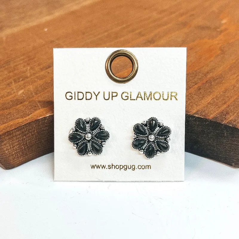 women custom design earrings -Flower Post Earrings with Faux Black Stones in Silver Tone