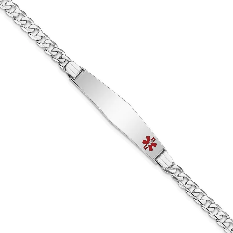 women sleek bangles and bracelets -14k White Gold 9mm Medical Soft Diamond Shape Red Enamel Flat Curb Link ID Bracelet, 7"