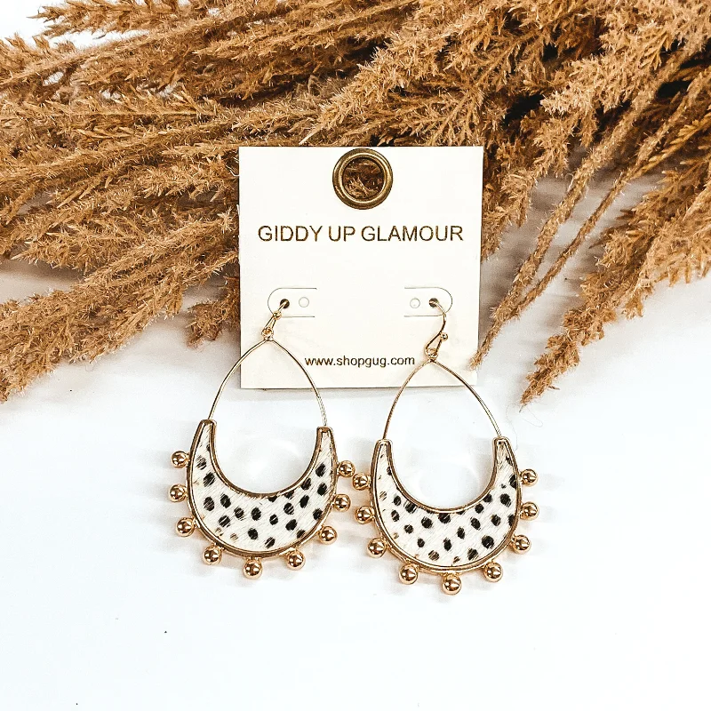 women statement gemstone earrings -Gold Tone Teardrop Earrings with a White Dotted Print