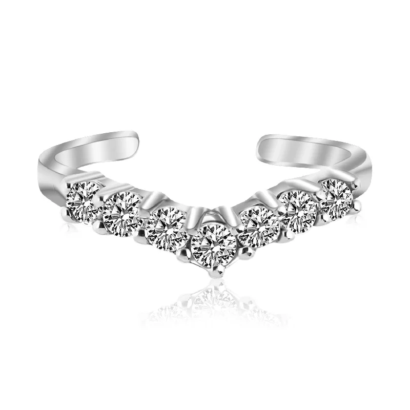 women charm engagement rings -Sterling Silver Rhodium Finished V Shape Toe Ring with Cubic Zirconia Accents