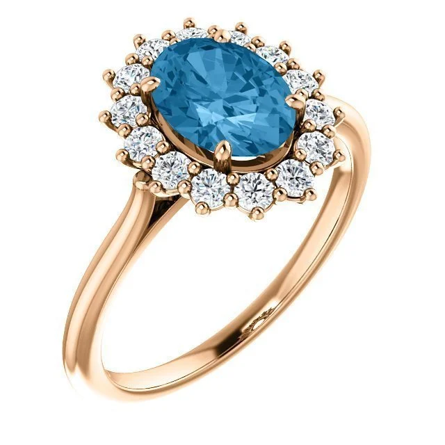 women pearl and gold engagement rings -14KT GOLD 1.60 CT SWISS BLUE TOPAZ & 3/8 CTW DIAMOND OVAL HALO RING