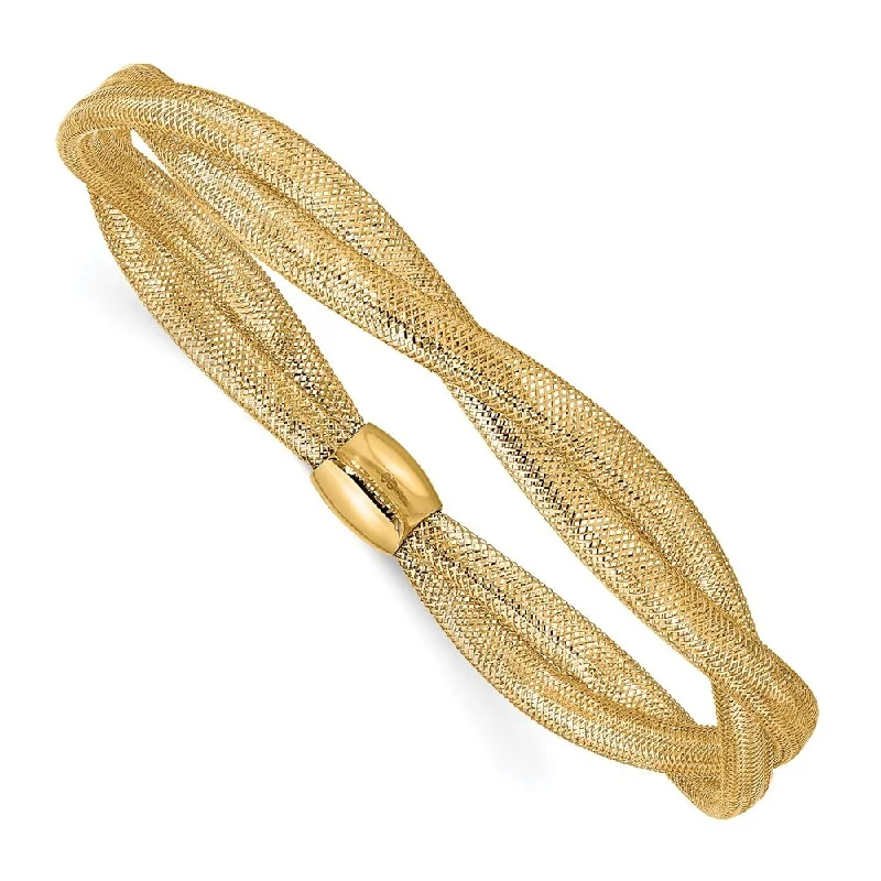 women stackable gold bangles and bracelets -14k Yellow Gold Twisted Woven Mesh Stretch Bracelet, 7" (W-7.5mm)