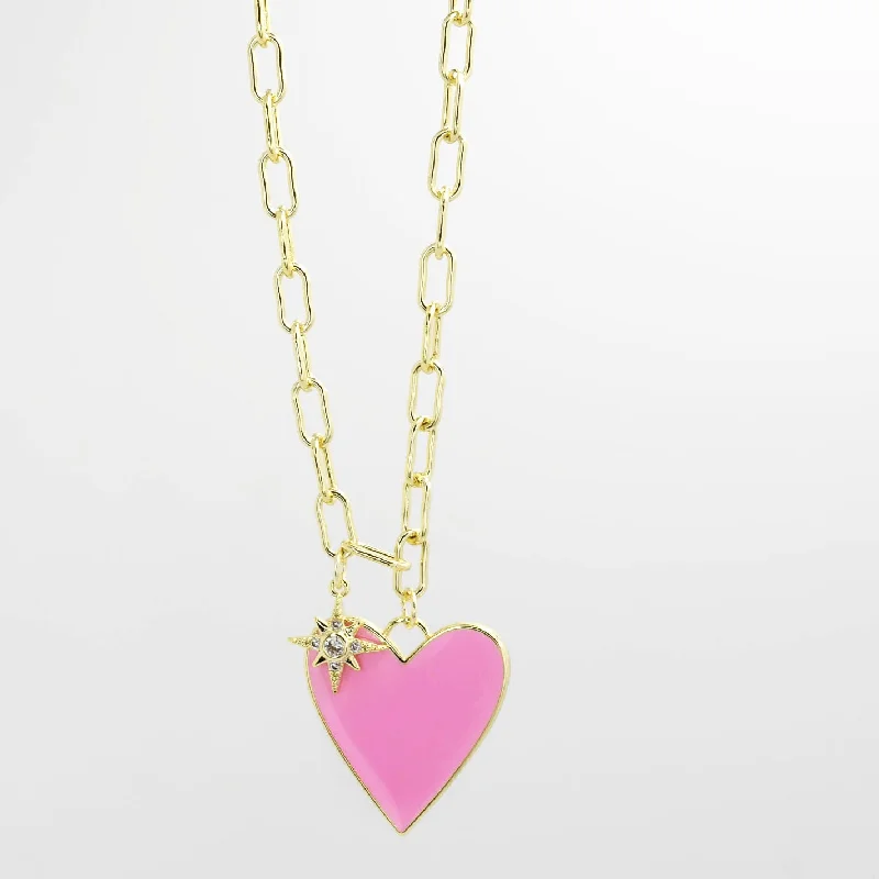 women birthstone pendant necklaces -Enamel Heart/Star Necklace Light Pink J10