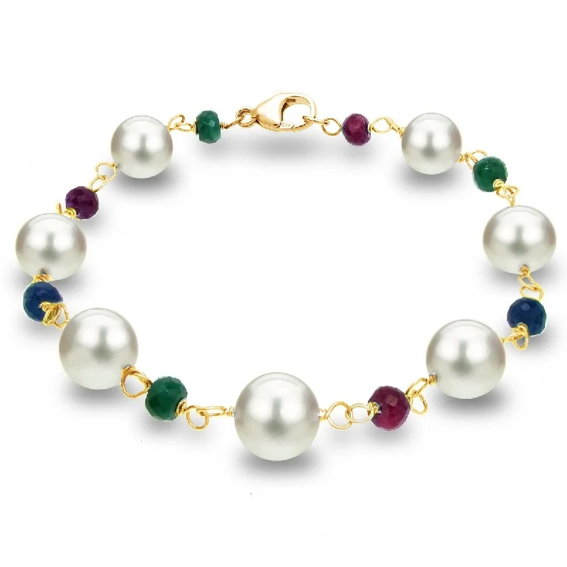 women braided bangles and bracelets -DaVonna 14k Gold Link Bracelet with 8mm White Freshwater Pearl and 4mm Gemstones 7.5 in Long