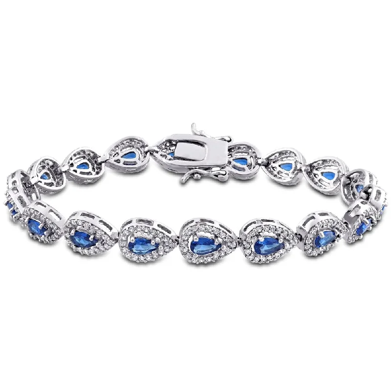 women stackable silver bangles and bracelets -Miadora Sterling Silver Created Blue and White Sapphire Pear Halo Tennis Bracelet