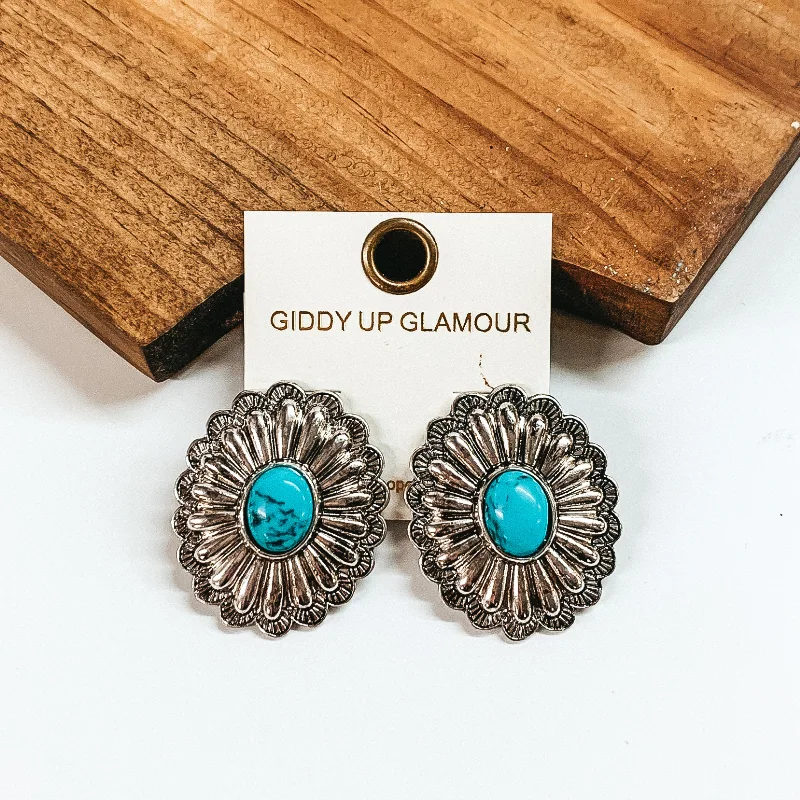 women pearl stud earrings -Silver Tone Concho Earrings with Faux Center Stone in Turquoise