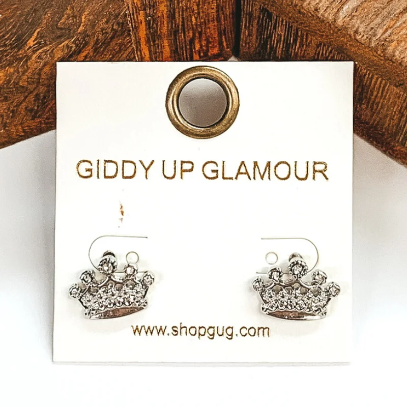 women engraved earrings -Crystal Crown Stud Earrings in Silver