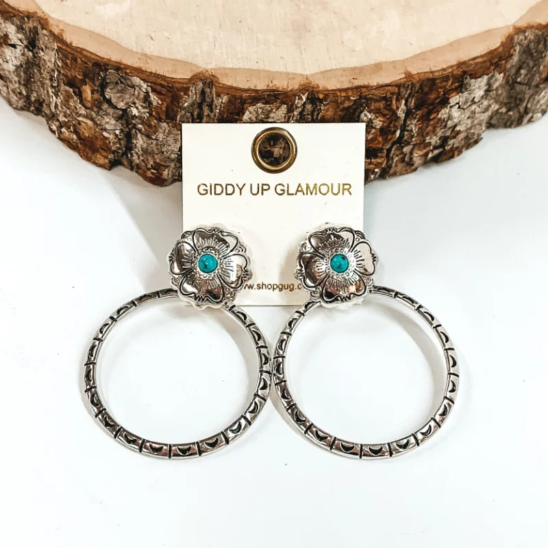 women black diamond earrings -Silver Flower Post Earrings and Open Circle Drop Pendant with Turquoise Center Stone