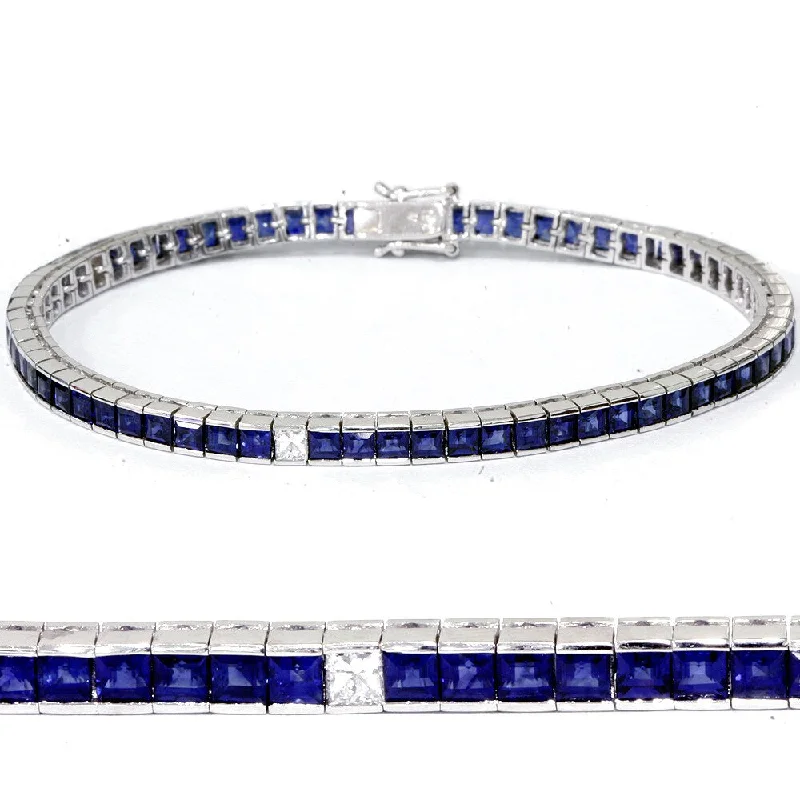 women vintage charm bangles and bracelets -18k White Gold 4 1/2ct TW Princess Cut Blue Sapphire & Diamond Tennis Bracelet (G-H,SI1-SI2)