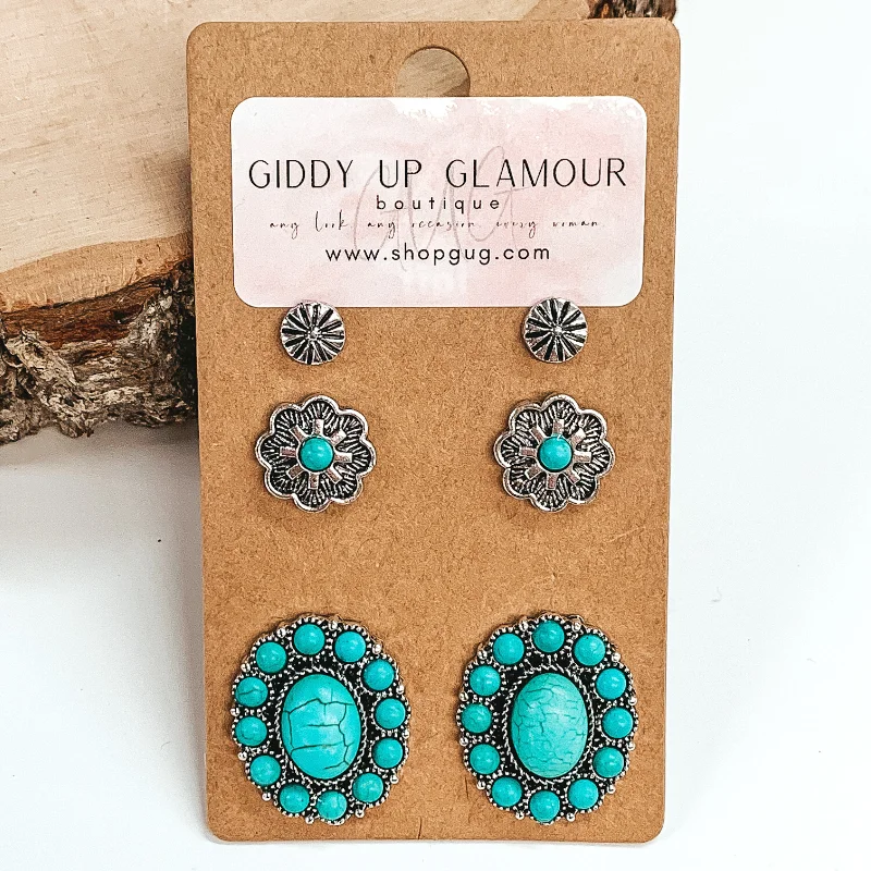 women boho earrings -Western Concho Stone Earring Set in Turquoise