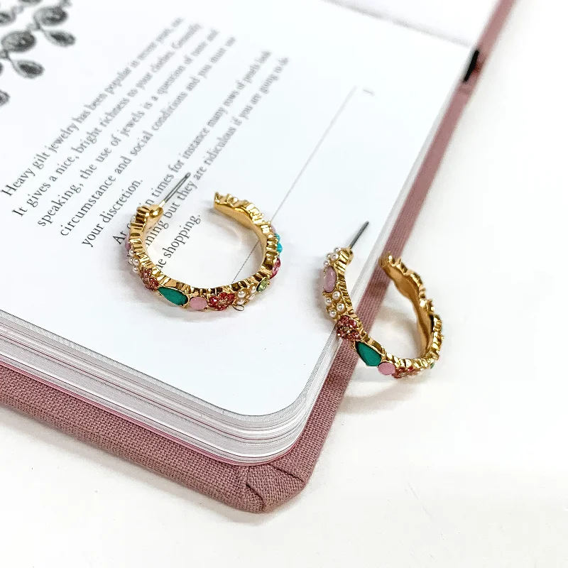 women statement gemstone earrings -Gold Tone Hoop Earrings with Multicolor Crystals