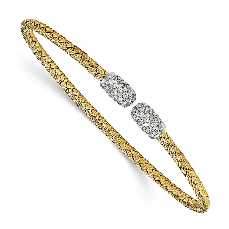 women double bangle bracelets -925 Sterling Silver Gold-tone Cubic Zirconia Woven Cuff Bracelet, 6.75"