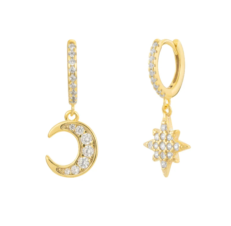 women crystal earrings -Crescent Moon & Star Crystal Dangle Hoop Earrings