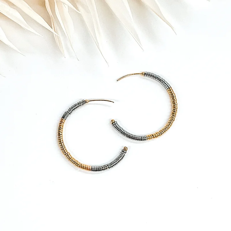 women stackable earrings -Metal Disk Beaded Hoop Earrings in Gold/Silver