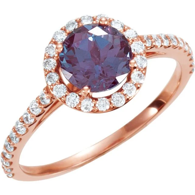 women beaded charm engagement rings -14KT ROSE GOLD 1.40 CT ALEXANDRITE & 3/8 CTW DIAMOND HALO RING