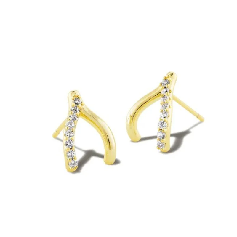 women butterfly earrings -Kendra Scott | Wishbone Gold Stud Earrings in White Crystal