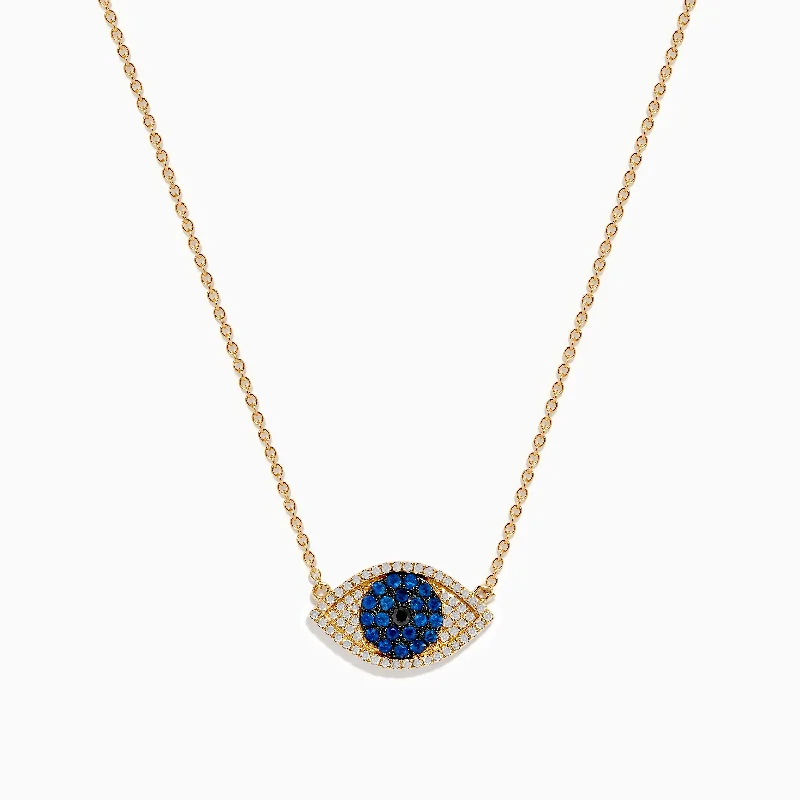 women diamond-studded necklaces -14K Yellow Gold Blue Sapphire and Diamond Evil Eye Necklace