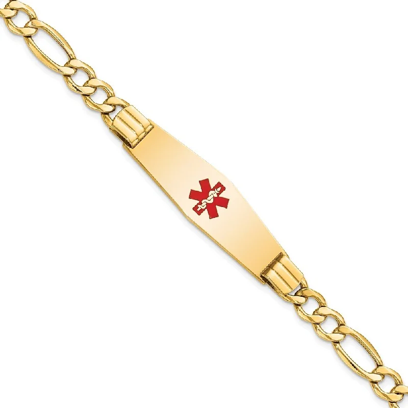 women chic bangles and bracelets -14k Yellow Gold 13.5mm Semi-Solid Medical Soft Diamond Shape Red Enamel Figaro ID Bracelet, 8"