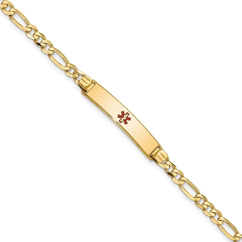 women trendy stackable bangles and bracelets -14k Yellow Gold 5.5mm Medical Red Enamel Figaro ID Bracelet, 7"