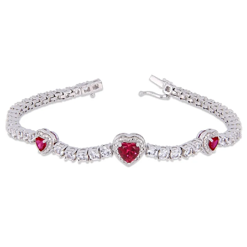 women floral charm bangles and bracelets -Miadora Sterling Silver Created Ruby and Created White Sapphire Triple Heart Tennis Bracelet