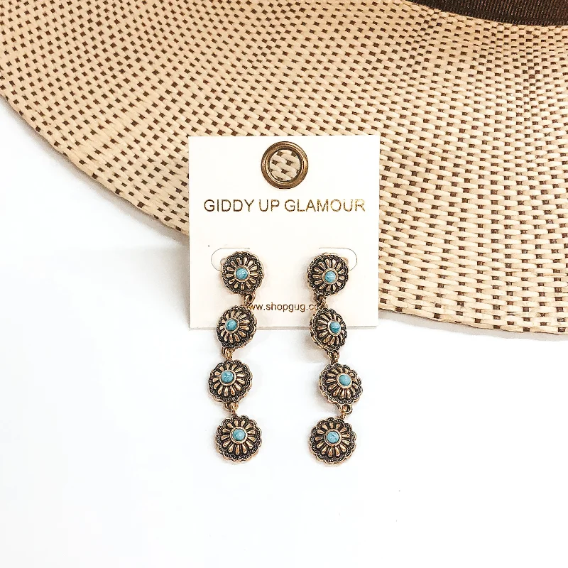 women trendy earrings -Small Western Flower Concho Drop Earrings with Turquoise Stones in Gold