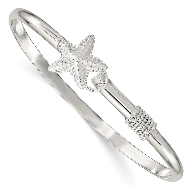 Gold bangles and bracelets for women -Curata 925 Sterling Silver 7" Textured Nautical Starfish Hook Bangle Bracelet